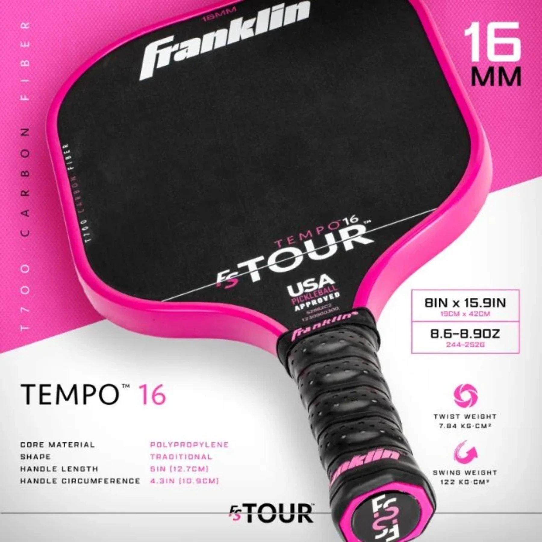 Franklin FS Tour Tempo Pickleball Paddle - Pink - Image 8